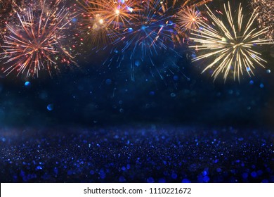 Abstract Gold, Black And Blue Glitter Background With Fireworks. Christmas Eve, 4th Of July Holiday Concept