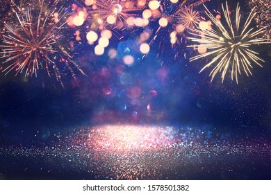 Abstract Gold, Black And Blue Glitter Background With Fireworks. Christmas Eve, 4th Of July Holiday Concept