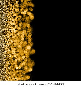 Abstract Gold And Dark Black Glitter Sparkle Confetti Background For Golden Happy Birthday Party Invite, 50th Wedding Anniversary, New Year’s Eve Champagne Bokeh Or Christmas Card With Copy Space