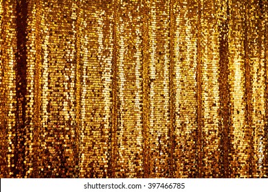 Abstract Golden Glitter Background. Festive Background With Copy Space, Hanging Curtain