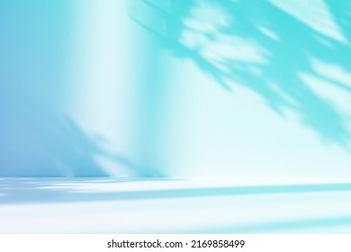 Abstract gradient blue studio background for product presentation. Empty room with shadows of window and flowers and palm leaves . 3d room with copy space. Summer concert. Blurred backdrop. - Shutterstock ID 2169858499