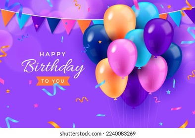 abstract gradient Happy birthday to you with balloon, cake and confetti  vector design template