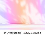 Abstract gradient pink studio background for product presentation. Empty room with shadows of window and flowers and palm leaves . 3d room with copy space. Summer concert. Blurred backdrop.