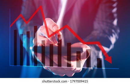 Abstract Graph Going Down. Business Concept. Falling Performance In Business. Graph Next To A Businessman. Businessman Demonstrates Falling Indicators On A Virtual Screen. Index Graph Chart.