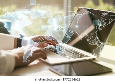Abstract graphic digital world map with connections and hands typing on computer keyboard on background, globalization concept. Multiexposure - Powered by Shutterstock - Get 15% off with code: PIKWIZARD15