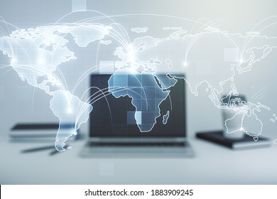 Abstract graphic digital world map with connections on modern computer background, globalization concept. Multiexposure