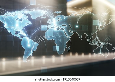 Abstract graphic digital world map hologram with connections on blurry contemporary office building background, globalization concept. Multiexposure