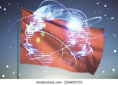 Abstract graphic digital world map hologram with connections on Chinese flag and blue sky background, globalization concept. Multiexposure - Powered by Shutterstock