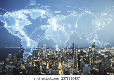 Abstract graphic digital world map hologram with connections on Chicago cityscape background, globalization concept. Multiexposure - Powered by Shutterstock