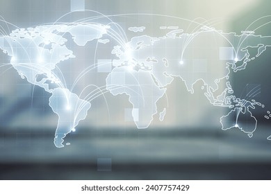 Abstract graphic digital world map hologram with connections on blurry contemporary office building background, globalization concept. Multiexposure - Powered by Shutterstock