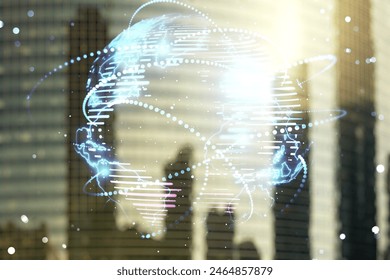 Abstract graphic digital world map hologram with connections on modern architecture background, globalization concept. Multiexposure