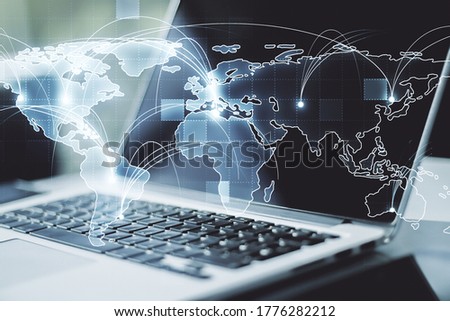 Abstract graphic digital world map with connections on modern computer background, globalization concept. Multiexposure