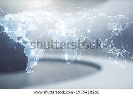 Abstract graphic digital world map hologram with connections on modern interior background, globalization concept. Multiexposure