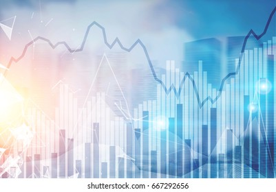 Abstract graphs and statistics in a modern city sky. Skyscrapers, panoramic view. Concept of trading and financial markets. Mock up toned image double exposure - Shutterstock ID 667292656
