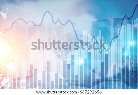 Abstract graphs and statistics in a modern city sky. Skyscrapers, panoramic view. Concept of trading and financial markets. Mock up toned image double exposure