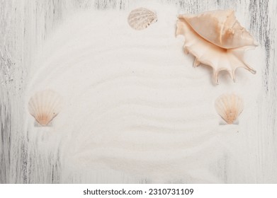 Abstract gray nautical background with starfish, shells and rope - Shutterstock ID 2310731109
