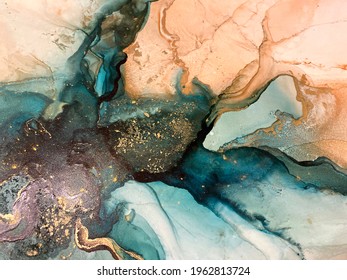 Abstract green art with orange and gold — fluid background with beautiful smudges and stains made with alcohol ink and golden pigment. Emerald texture resembles green stone, watercolor or aquarelle. - Shutterstock ID 1962813724