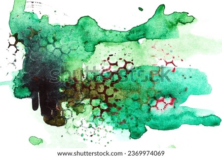 Abstract green background. Multicolor brush strokes and paint spots on paper, bright contrasting background, honeycomb cellular print
