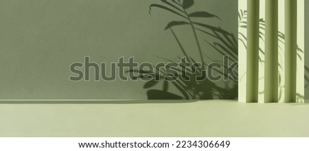 Abstract green background with shadow of palm leaves for the presentation of a cosmetic product. A scene with a geometric backdrop. Podium for product promotion, beauty, natural eco cosmetic. Banner