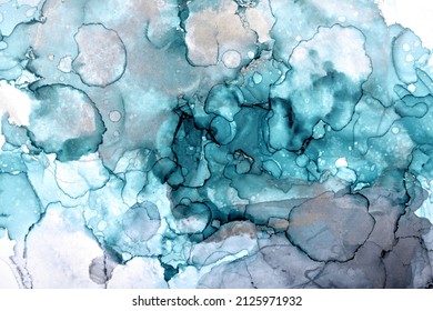 Abstract green blue gray ink watercolor background, paint stains and spots in water, luxury fluid liquid art wallpaper, marble texture