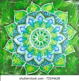 Abstract Green Painted Picture With Circle Pattern, Mandala Of Anahata Chakra