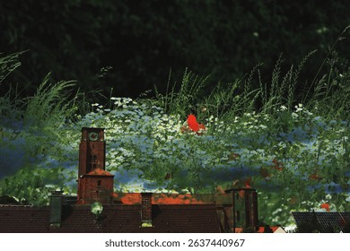 abstract, green, water, reflection, grid, nature, pattern, lines, modern art, symmetry, texture, surreal, background, calm, peaceful, minimal, light, bright,double exposure, meadow, church, flowers