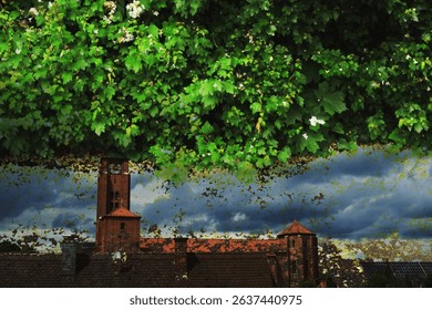 abstract, green, water, reflection, grid, nature, pattern, lines, modern art, symmetry, texture, surreal, background, calm, peaceful, minimal, light, bright,double exposure, meadow, church, flowers