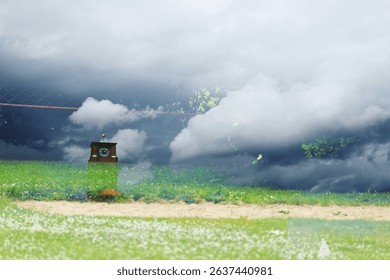 abstract, green, water, reflection, grid, nature, pattern, lines, modern art, symmetry, texture, surreal, background, calm, peaceful, minimal, light, bright,double exposure, meadow, church, flowers