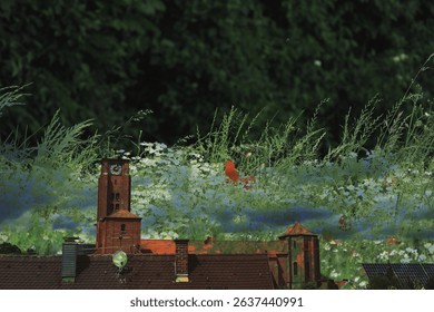abstract, green, water, reflection, grid, nature, pattern, lines, modern art, symmetry, texture, surreal, background, calm, peaceful, minimal, light, bright,double exposure, meadow, church, flowers