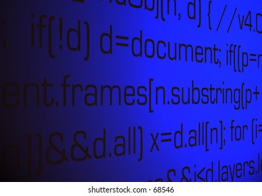 Abstract green-black background. The background shows computer source code.