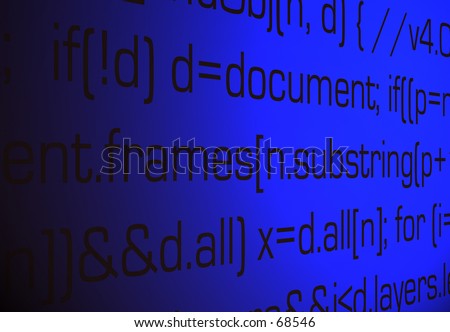 Abstract green-black background. The background shows computer source code.