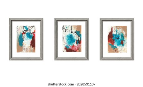 Abstract grey wood framed triptych, mixed media, orange, blue, black, red oxide, ink, acrylic, mounted, interior design, wall art, three paintings, contemporary, gallery wall, isolated against white