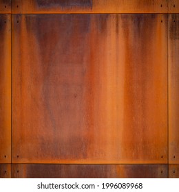 Abstract grunge rusty brown orange metal corten steel board frame rust wall texture background square 