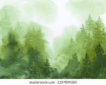 Abstract hand drawn ink watercolor flow blot smear painting. Fur and pine tree forest in fog. Green Color canvas texture background.  - Powered by Shutterstock