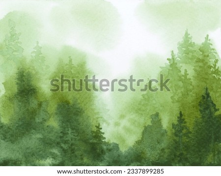 Abstract hand drawn ink watercolor flow blot smear painting. Fur and pine tree forest in fog. Green Color canvas texture background. 