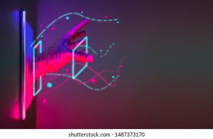Abstract hand get off from smartphone technology with neon graphic line. Futuristic cyberpunk colour network concept with copy space.