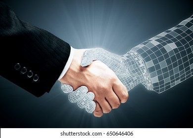 Abstract handshake on grey background. Teamwork and technology concept
