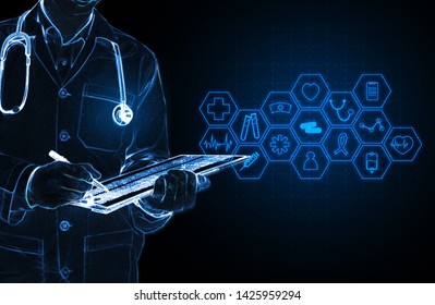 Abstract Health Medical Science Healthcare Icon Digital Technology Doctor Concept Modern Innovation,Treatment,medicine On Hi Tech Future Blue Background.