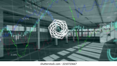 Abstract hexagonal shape over financial and stock market data processing against empty office. global finance and business concept