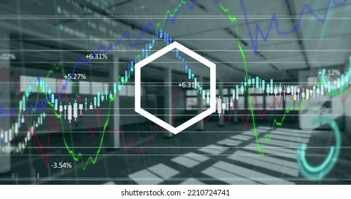 Abstract hexagonal shape over financial and stock market data processing against empty office. global finance and business concept