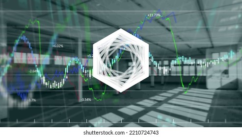 Abstract hexagonal shape over financial and stock market data processing against empty office. global finance and business concept