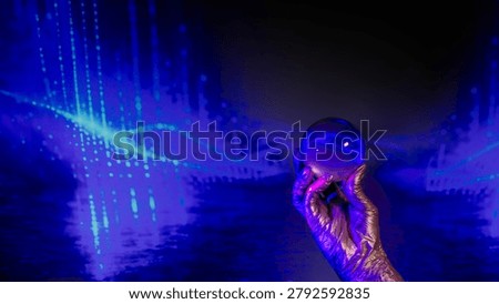 Abstract high tech banner template with a hand in glowing metallic glove holding a crystal sphere on matrix cyber background with digital equalizer lines. Wide copy space for text. Audio technology or big data visualization.