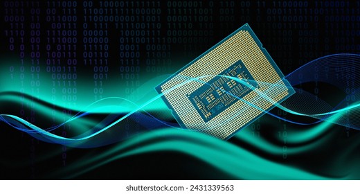 abstract high-performance high-speed processor on an dark green technological background for illustration on the topic of big data, Ai. Copy space