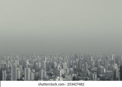 Abstract Hipster Stylized Top View Foggy Big City Can Use For Background With Copyspace. Black And White Vintage Fashion Style Processed