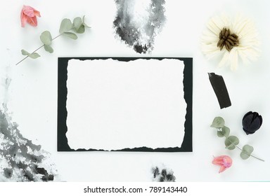 Abstract Holiday Background For Congratulations With Decor, Watercolor  And A Blank For Text. Wabi Sabi Style. Top View. Flat Lay. Copy Space