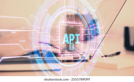 Abstract holographic API interface overlay on a desk with blurred background, showcasing technology, digital network, and application concepts