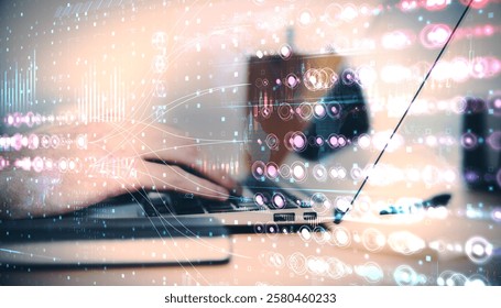 Abstract holographic data and network elements overlaying a laptop on a desk, with blurred hand in background. Concept of technology