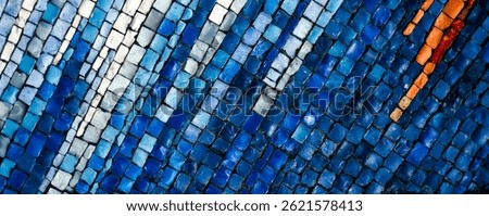 Abstract horizontal background made of small blue and white tiles arranged in geometric lines. Banner mosaic texture with futuristic clean layout and copy space