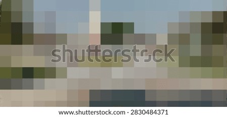 Abstract horizontal background with pixelated mosaic pattern in soft grey, blue, and olive green tones, digital texture design.