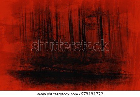abstract horror red fores art background, vintage textured style, night evil woods